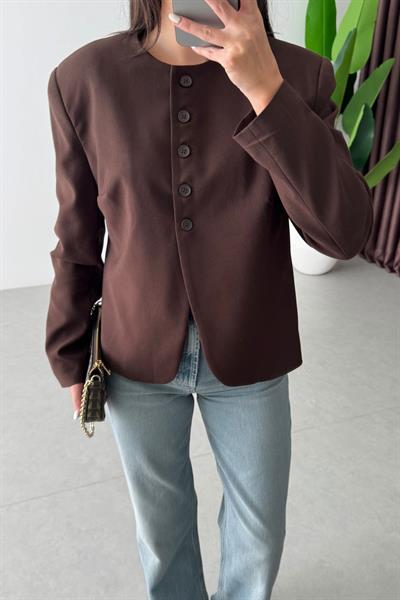 Alden Kahve Düğme Detay Vatkalı Blazer
