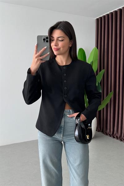 Alden Siyah Düğme Detay Vatkalı Blazer