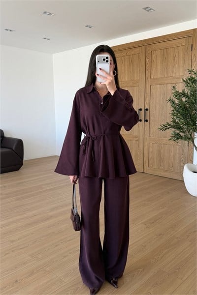 Alessa Mürdüm Volanlı Bluz Pantolon Takım