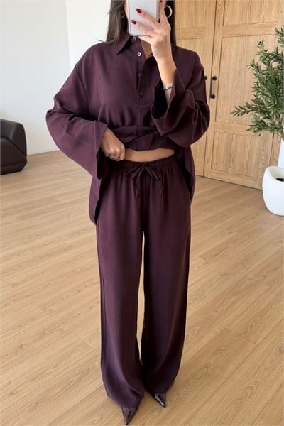 Alessa Mürdüm Volanlı Bluz Pantolon Takım