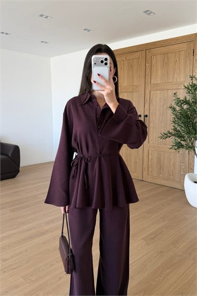 Alessa Mürdüm Volanlı Bluz Pantolon Takım