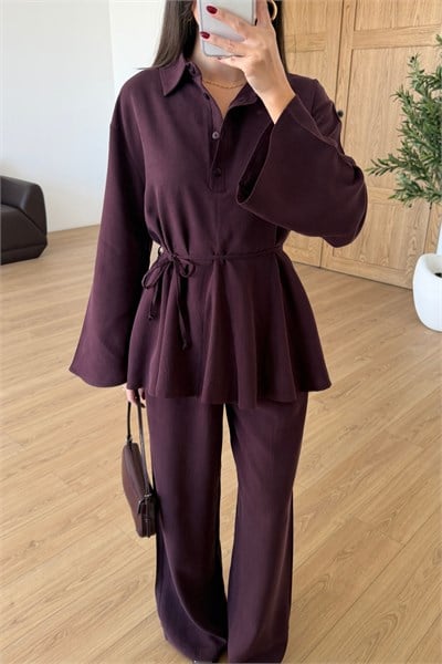 Alessa Mürdüm Volanlı Bluz Pantolon Takım
