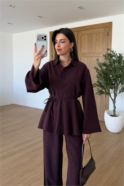 Alessa Mürdüm Volanlı Bluz Pantolon Takım