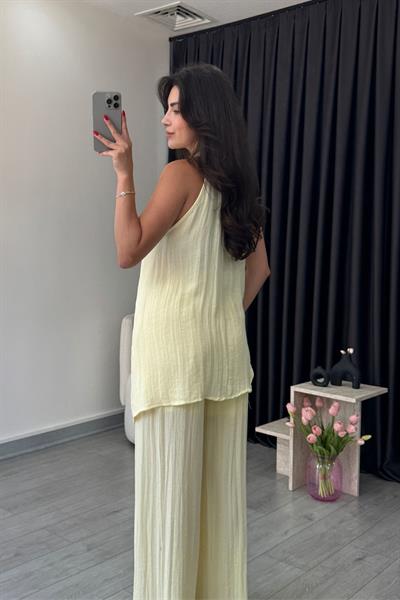 Alya Sarı Asimetrik Bluz Pantolon Takım