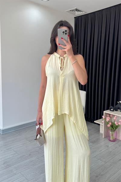 Alya Sarı Asimetrik Bluz Pantolon Takım