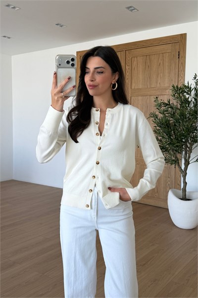 Ande Ekru Düğme Detay Triko Hırka