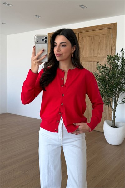 Ande Kırmızı Düğme Detay Triko Hırka