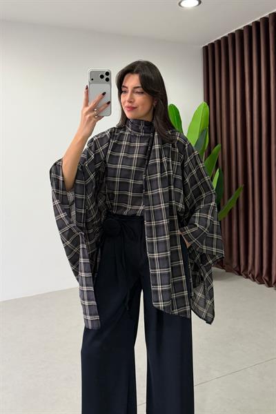Ande Lacivert Ekoseli Şallı Pelerin Bluz 