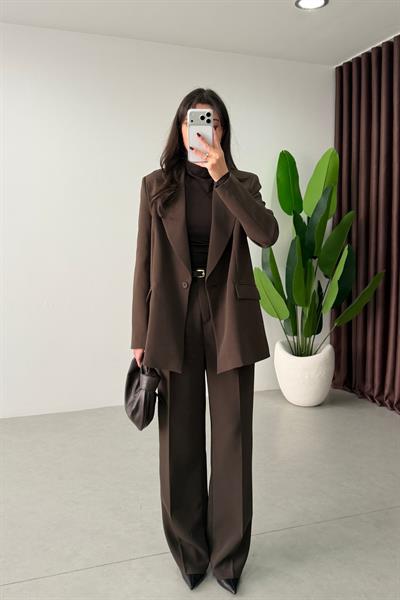 Apeva Kahve Oversize Krep Kumaş Blazer