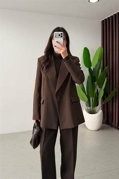 Apeva Kahve Oversize Krep Kumaş Blazer