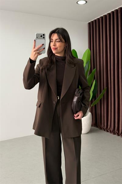 Apeva Kahve Oversize Krep Kumaş Blazer