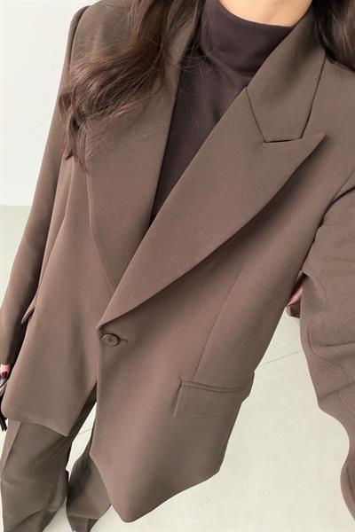 Apeva Kahve Oversize Krep Kumaş Blazer
