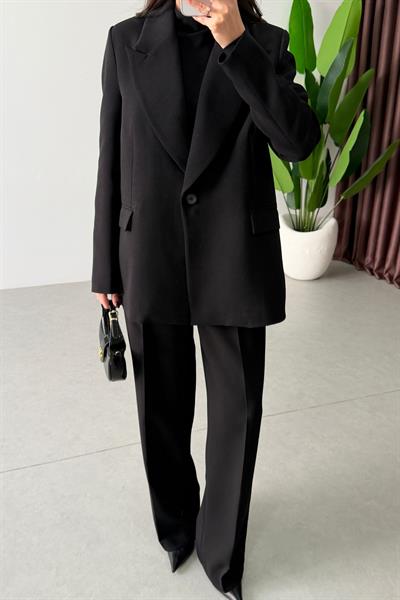 Apeva Siyah Oversize Krep Kumaş Blazer