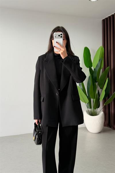 Apeva Siyah Oversize Krep Kumaş Blazer