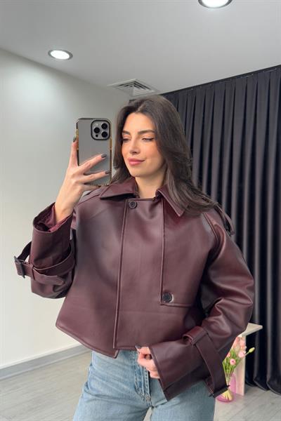 Apoletli Bordo Deri Ceket 