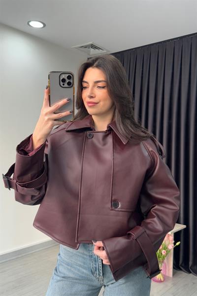 Apoletli Bordo Deri Ceket 