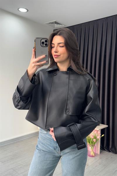 Apoletli Siyah Deri Ceket 