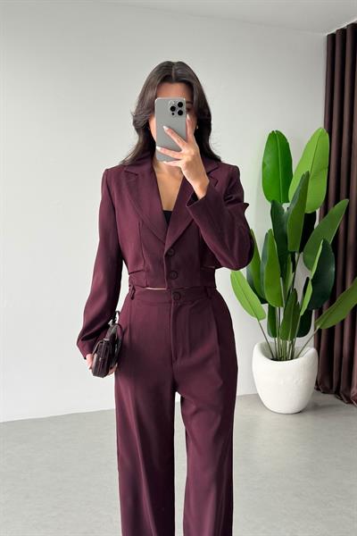 Ares Mürdüm Tasarım Crop Ceket Pantolon Takım