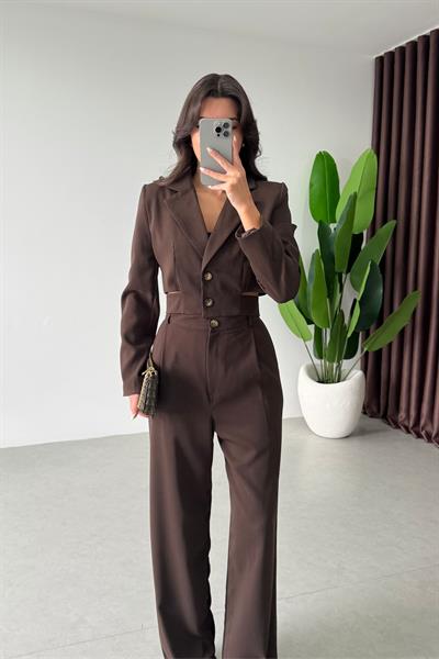 Ares Kahve Tasarım Crop Ceket Pantolon Takım