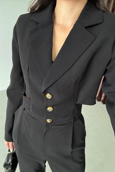 Ares Siyah Tasarım Crop Ceket Pantolon Takım