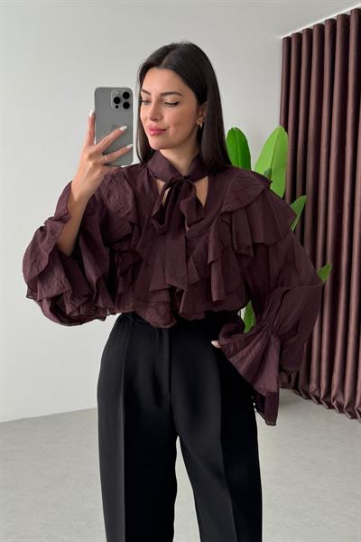 Arya Kahve Volanlı Şifon Bluz