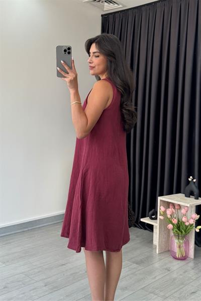 Ashe Bordo Ham Keten Diz Üstü Elbise