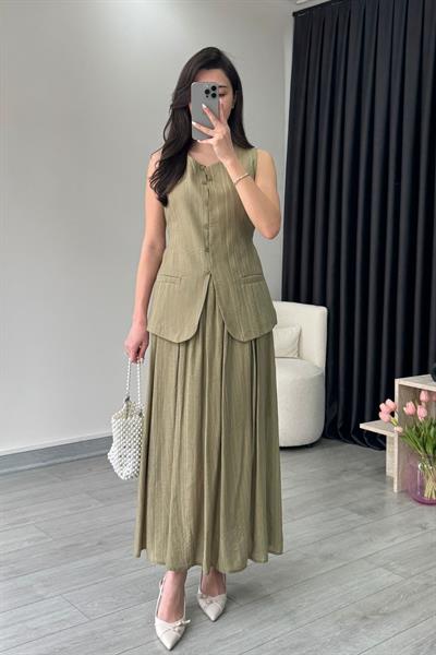 Astarlı Açık Haki Yelek Etek Takım