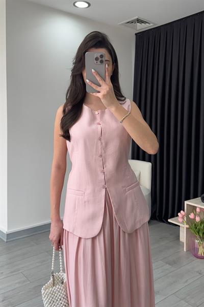 Astarlı Pembe Yelek Etek Takım