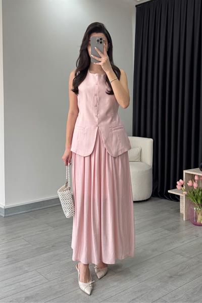 Astarlı Pembe Yelek Etek Takım