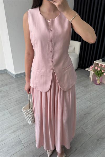 Astarlı Pembe Yelek Etek Takım