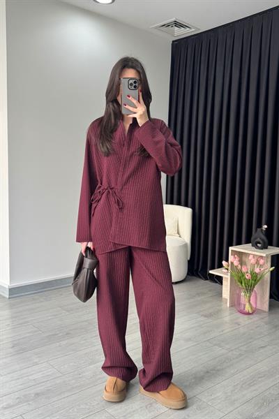 Dokulu Bordo Kimono Takım