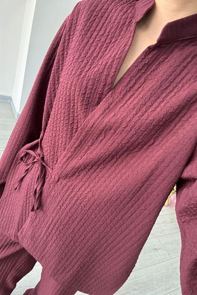 Dokulu Bordo Kimono Takım