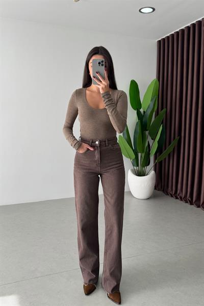 Becca Kahve Yıkamalı Straight Fit Jean