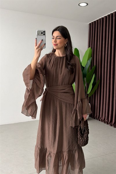 Belly Kahve Şal Detay Şifon Elbise