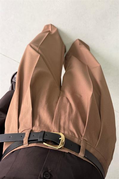 Bera Camel Pileli Kemerli Bol Kesim Pantolon
