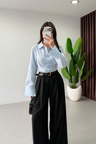 Bera Siyah Pileli Kemerli Bol Kesim Pantolon