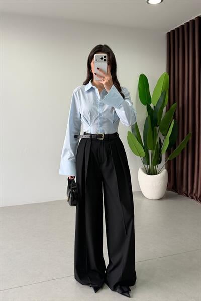 Bera Siyah Pileli Kemerli Bol Kesim Pantolon