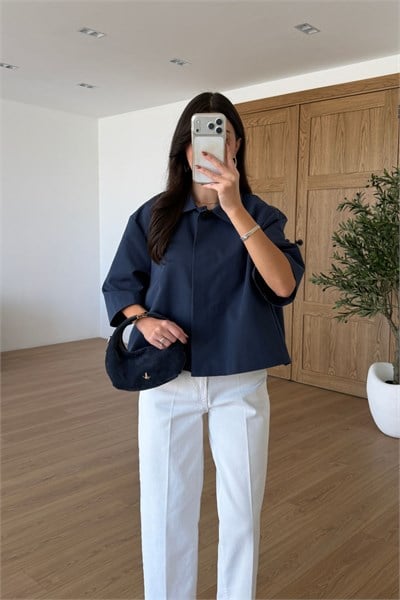 Berry Lacivert Oversize Crop Ceket