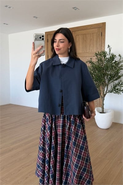 Berry Lacivert Oversize Crop Ceket
