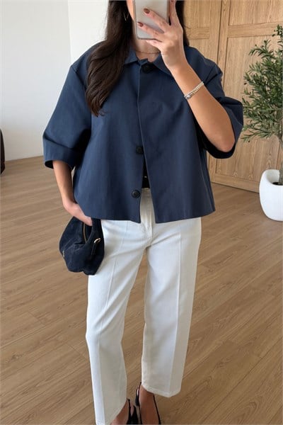 Berry Lacivert Oversize Crop Ceket