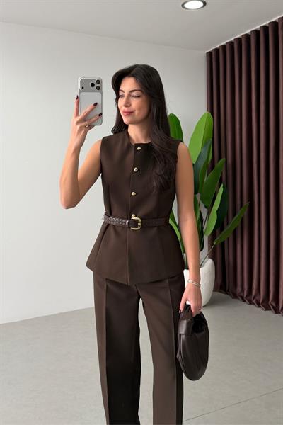 Bestia Kahve Kemerli Yelek Pantolon Takım