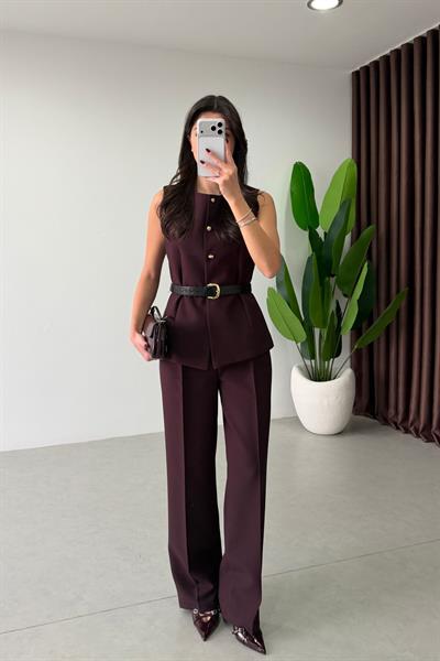 Bestia Mürdüm Kemerli Yelek Pantolon Takım