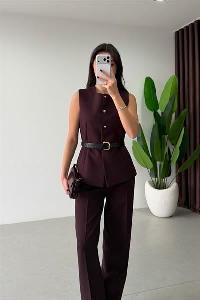 Bestia Mürdüm Kemerli Yelek Pantolon Takım