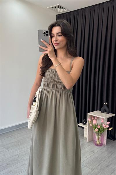 Besy Haki Lastik Detay Basic Elbise
