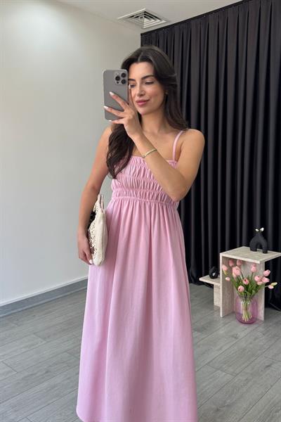 Besy Pembe Lastik Detay Basic Elbise