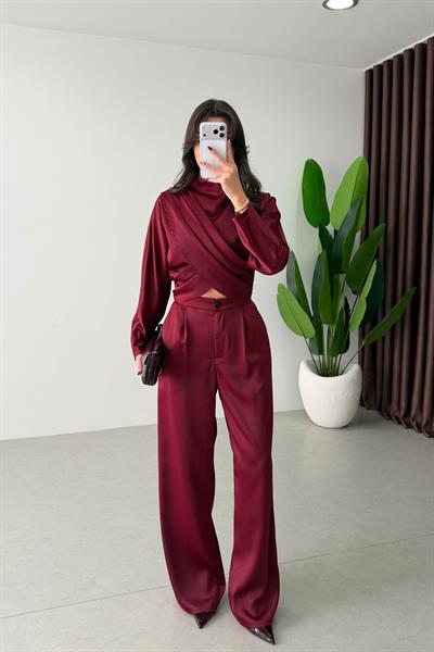 Blanca Bordo Tasarım Saten Takım