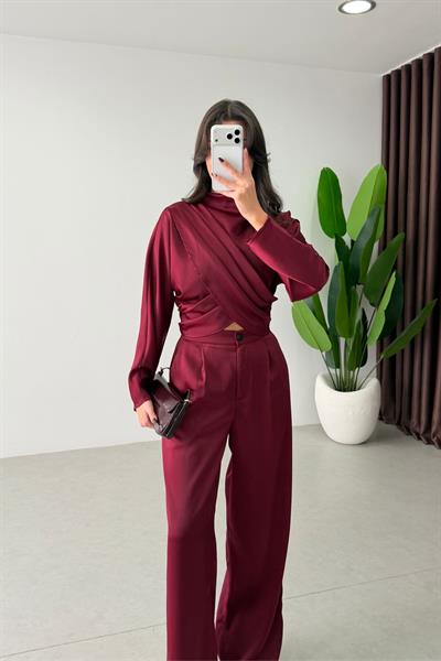 Blanca Bordo Tasarım Saten Takım