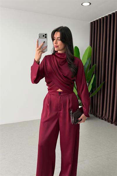 Blanca Bordo Tasarım Saten Takım