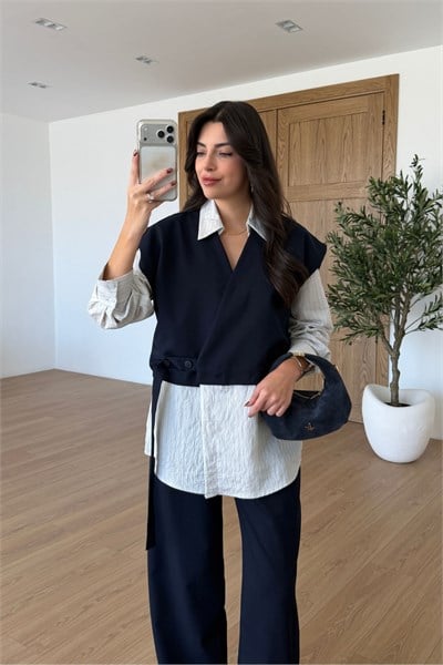 Bloss Lacivert Yelekli Tasarım Gömlek Pantolon Takım