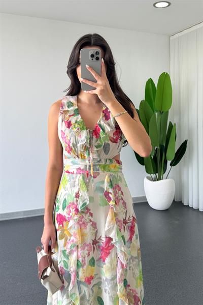 Blum Pembe Fırfırlı Pencere Detay Tül Elbise